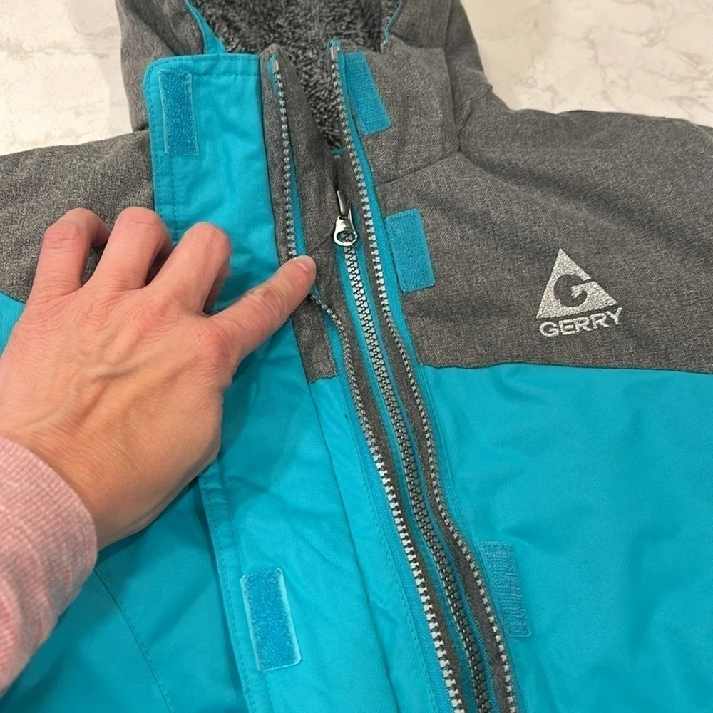 Gerry Girls Winter Coat Jacket Hooded Double Zip Pockets Small‎ 7/8 Turquoise